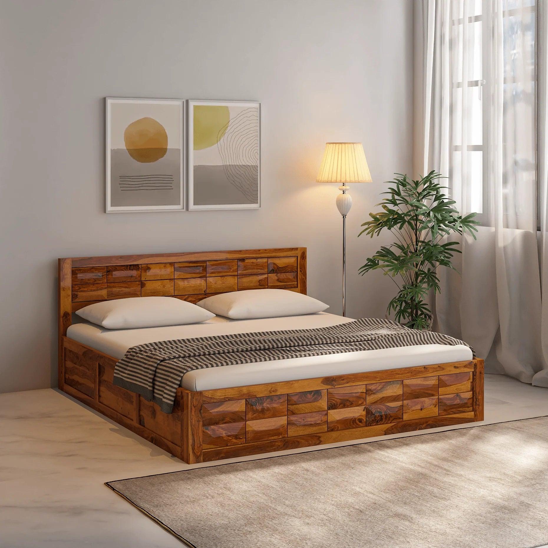 Arcadia Sheesham Wood Storage Hydraulic Bed In Light Honey