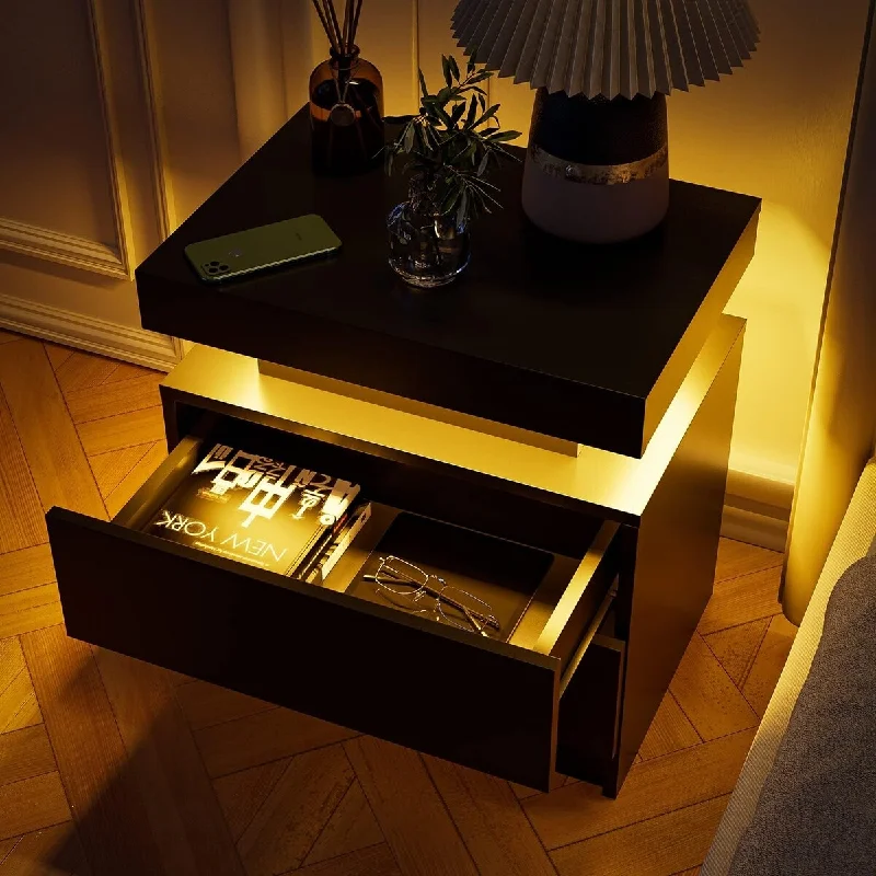 Bedroom Nightstand with LED Lights and Dual Storage Drawers