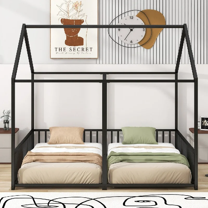 Black Metal Frame House Bed Montessori Bed, Twin Side by Side Bed