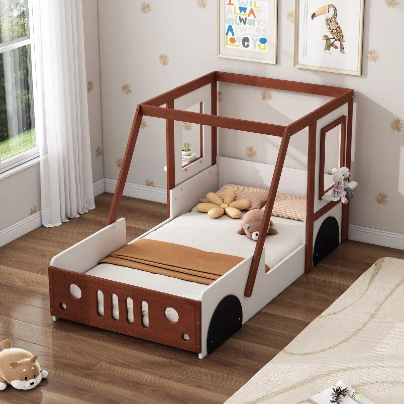 Brown Twin Size Car Bed for Kids, Solid Wood Frame with Safety Guardrails