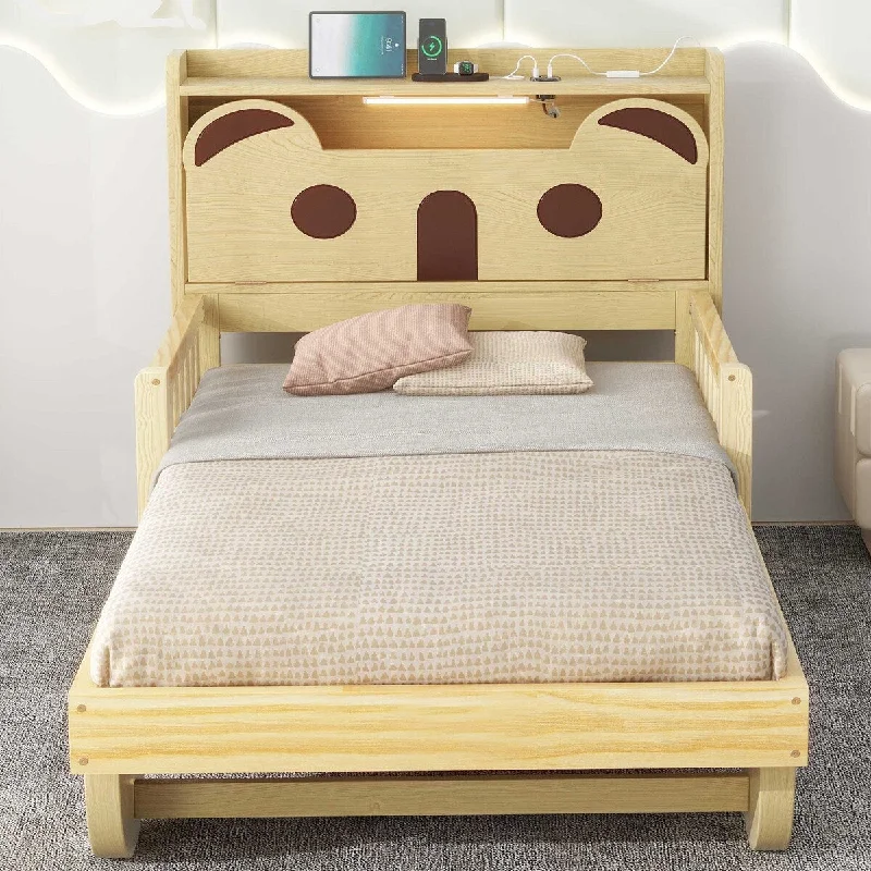 Cartoon Car Bed Bear-Shaped Design Twin Platform Bed Natural Finish Bed Frame with USB Charging and LED Light, Wood Slat Support