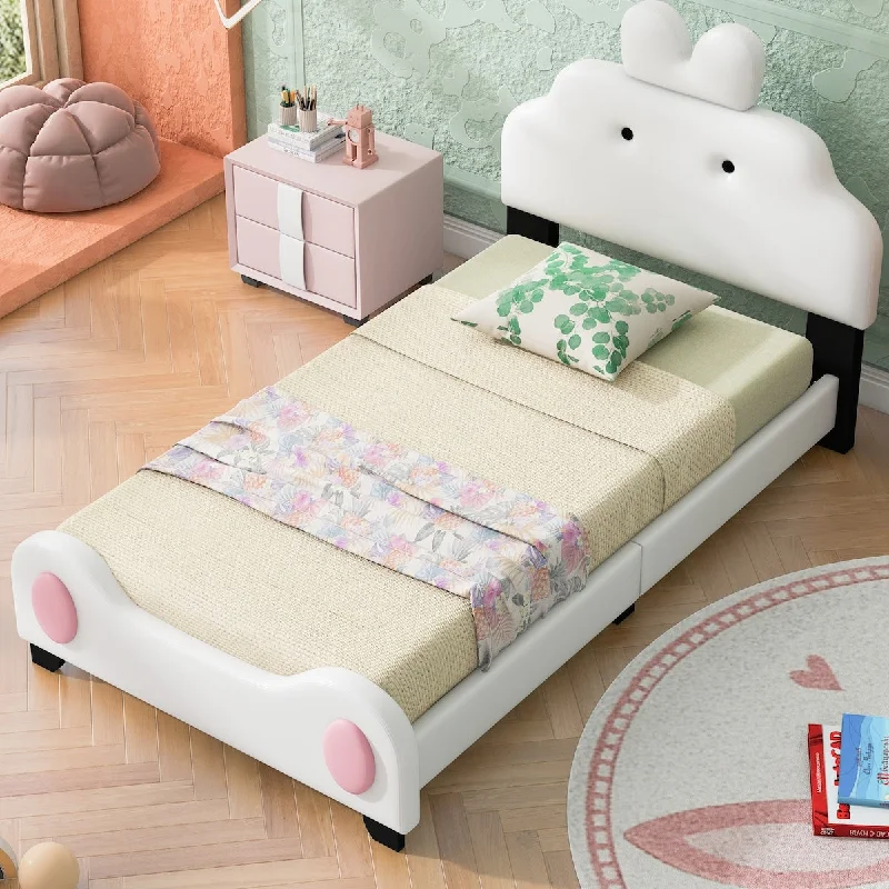 Cute Twin Size Upholstered Platform Bed with Cartoon Design, White+Pink Color