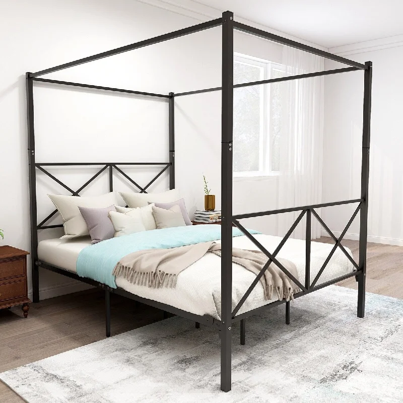 Deluxe Metal Canopy Bed Frame - Queen Size, Elegant Black