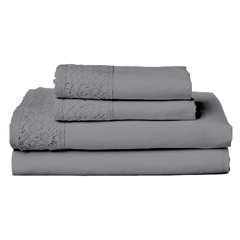 Edra 4 Piece Microfiber Queen Size Bed Sheet Set with Crochet Lace, Gray