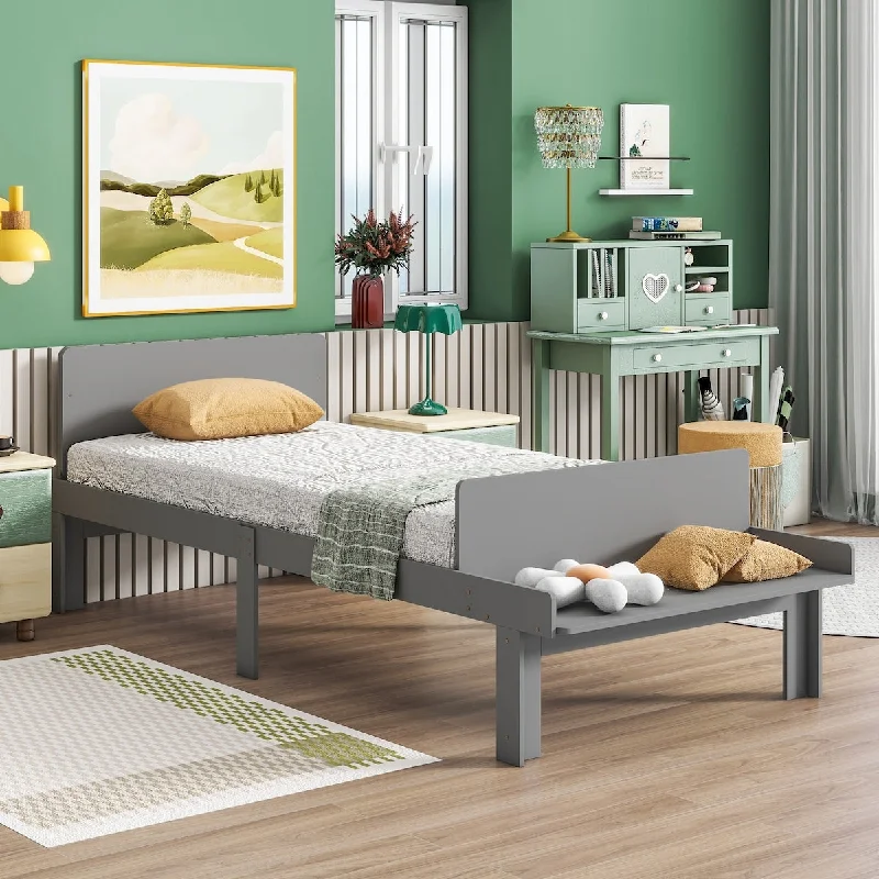 Elegant Solid Wood Twin/Full Size Platform Bed with Footboard Bench, Grey/White