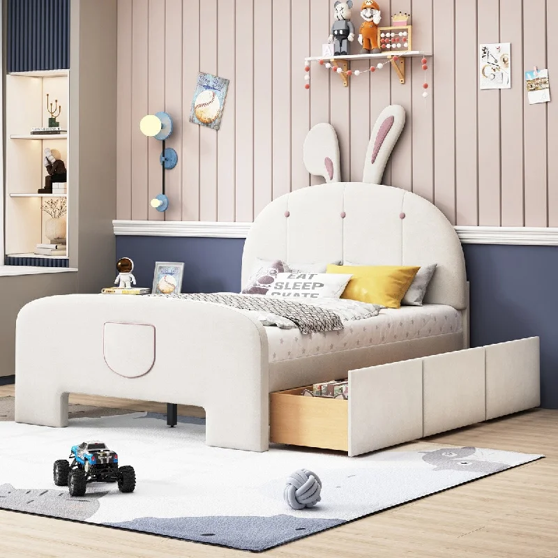 Full Platform Bed w/ 3 Drawers, Bed-End Storage Pocket, Rabbit Ears Shaped Upholstered Headboard, Velvet Wooden Storage Bed