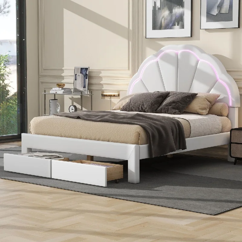 Full Platform Bed with LED and Seashell Headboard, 2 Drawers