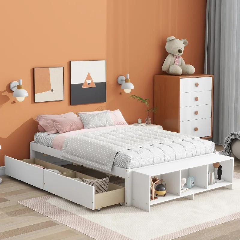 Full Size Bed with Storage Case and 2 Drawers - Stylish White Platform Bed, Premium Pine Wood