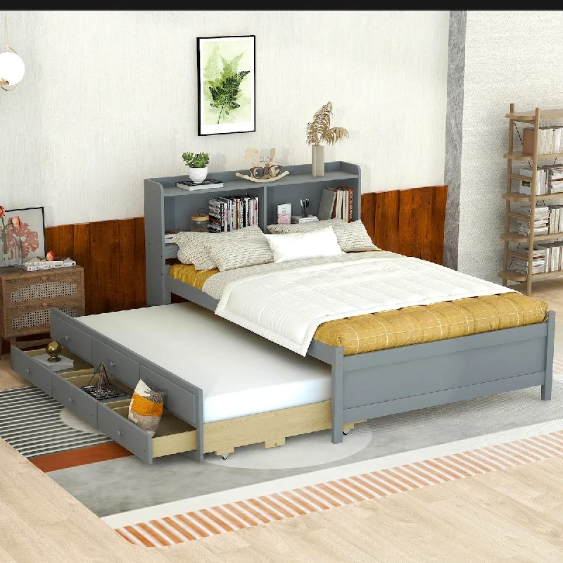 Full Size Bed with USB & Type-C Ports, LED Light, Bookcase Headboard, with Trundle Bed, and 3 Storage Drawers