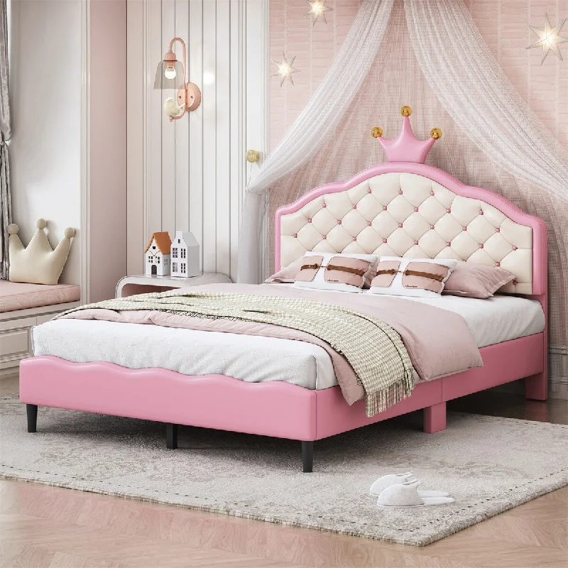 Full Size Lovely Crown Fantasy PU Leather Princess Bed