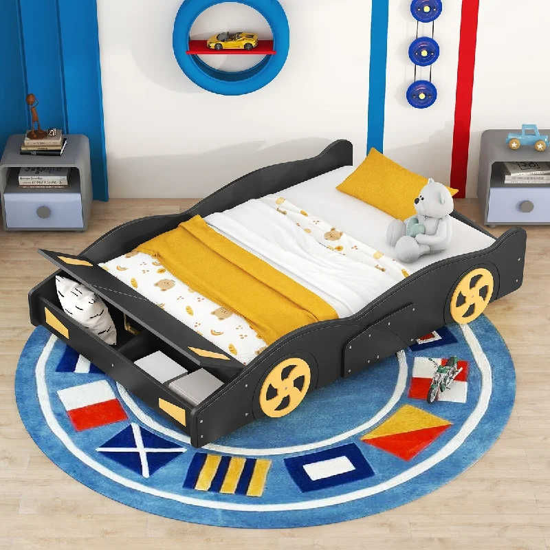 Full Size Race Car-Shaped Platform Bed with Storage and Guardrails - Supportive Wooden Boards