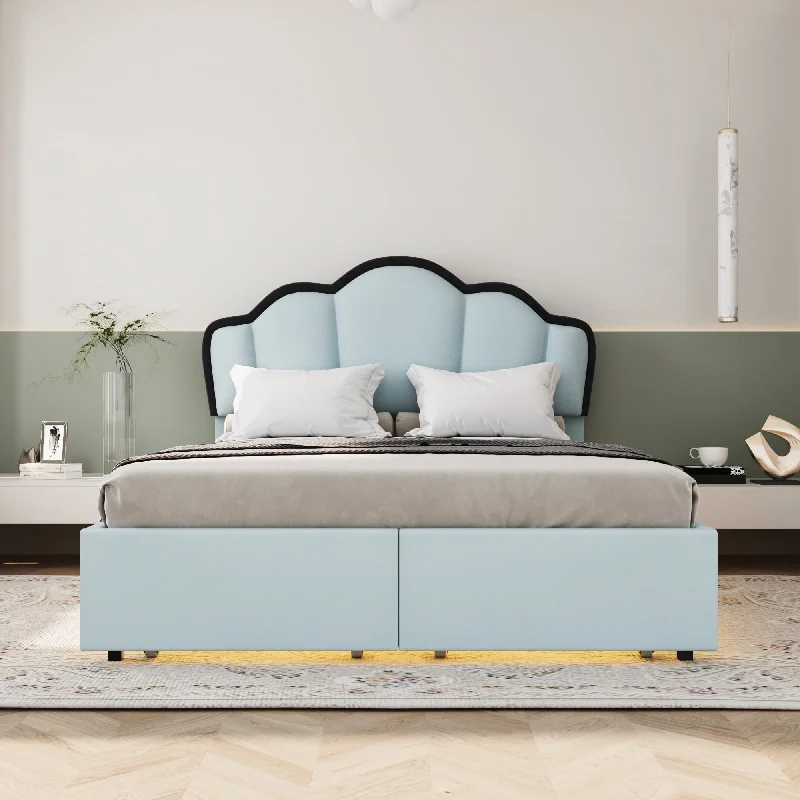 Full Size Upholstered Princess Platform Bed with LED and 2 Storage Drawers