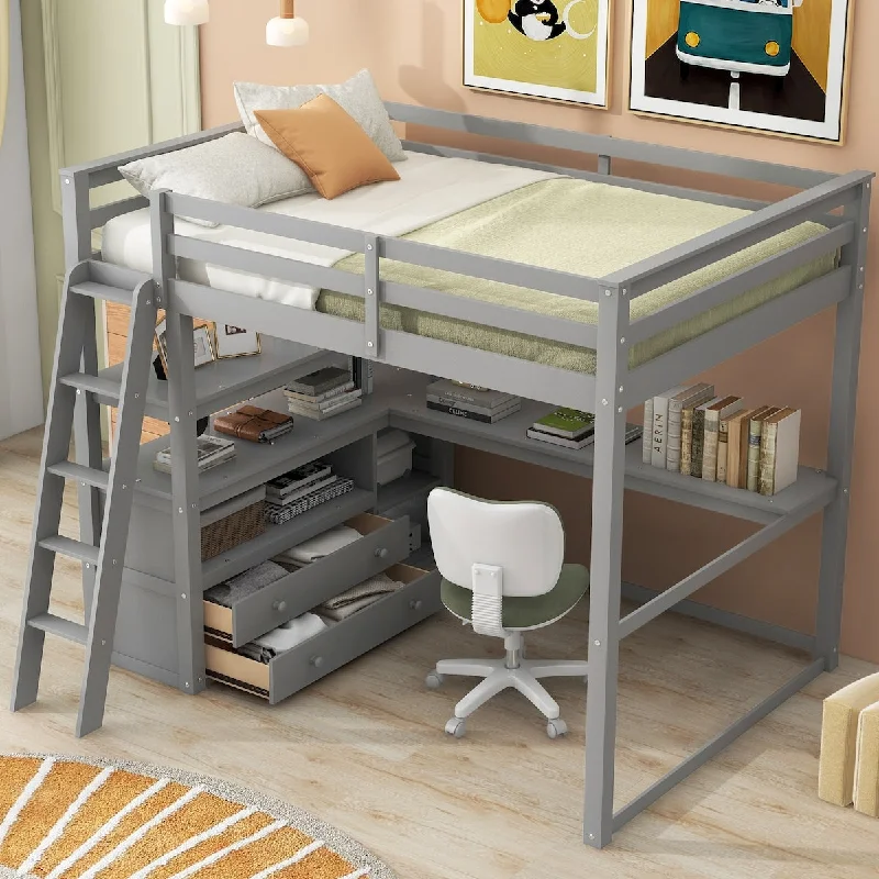 Full/Twin Size Loft Bed with Desk and Shelves - Built-in Drawers, Gray/White Finish