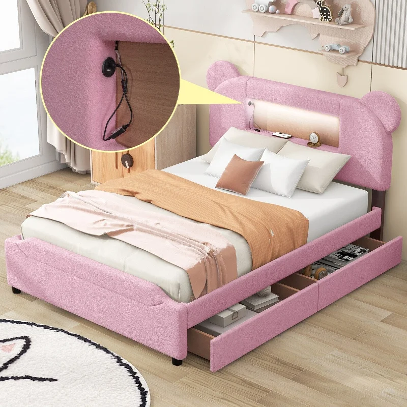 Full Upholstered Storage Platform Bed with Cartoon Ears Headboard, LED - Sturdy Frame