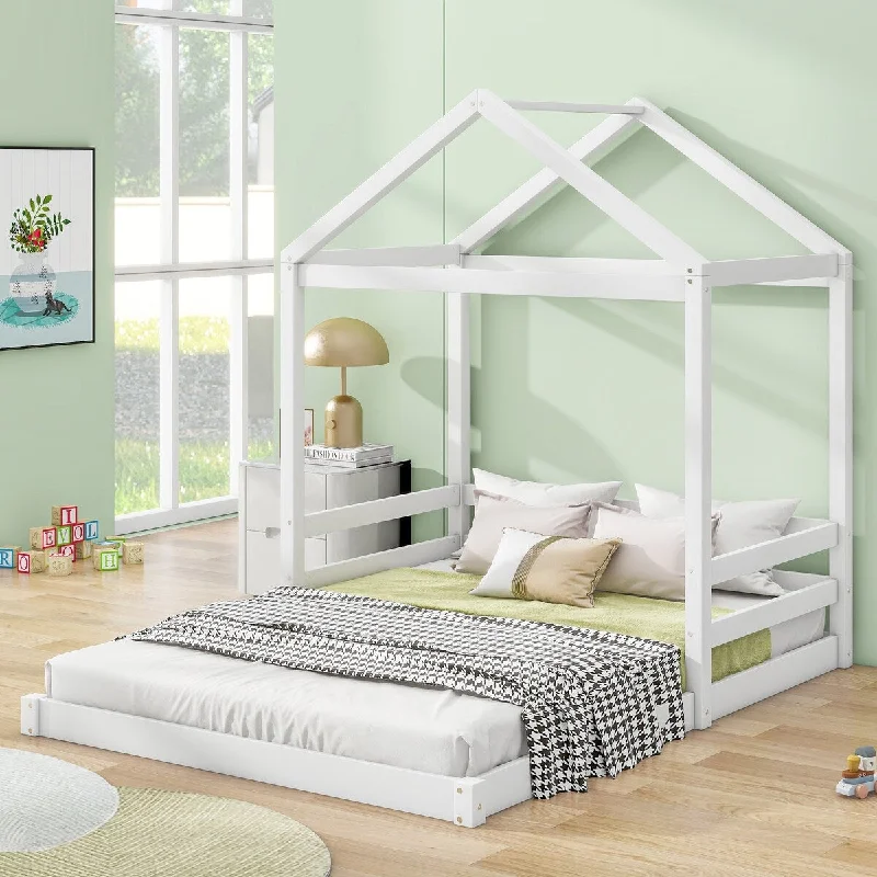 Grey/White Full Size House Bed with Guardrail, Playful Design