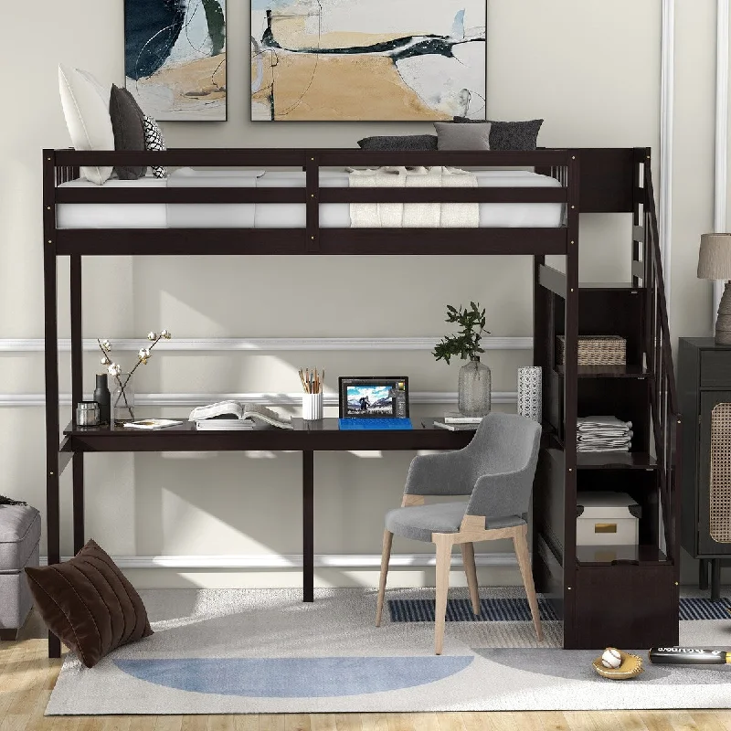 High Loft Stairway Bed with Desk, Stairs, Space-Saving Twin Bedframe