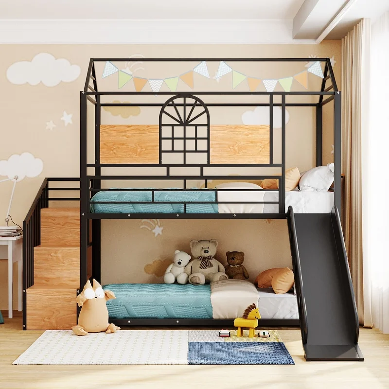 House-shaped Metal Bunk Bed with House Roof Frame, Twin Over Twin Bed, Storage Stair and Slide for Teens Children Playhouse Bed