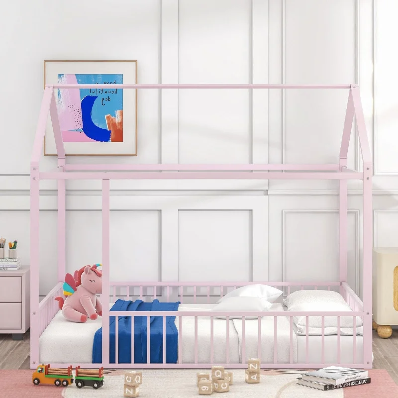 Kid Floor Bed without Door No Slats Grounded Bed, Full Size House-shape Bed Pink Metal Frame Bed with Fence, Roof