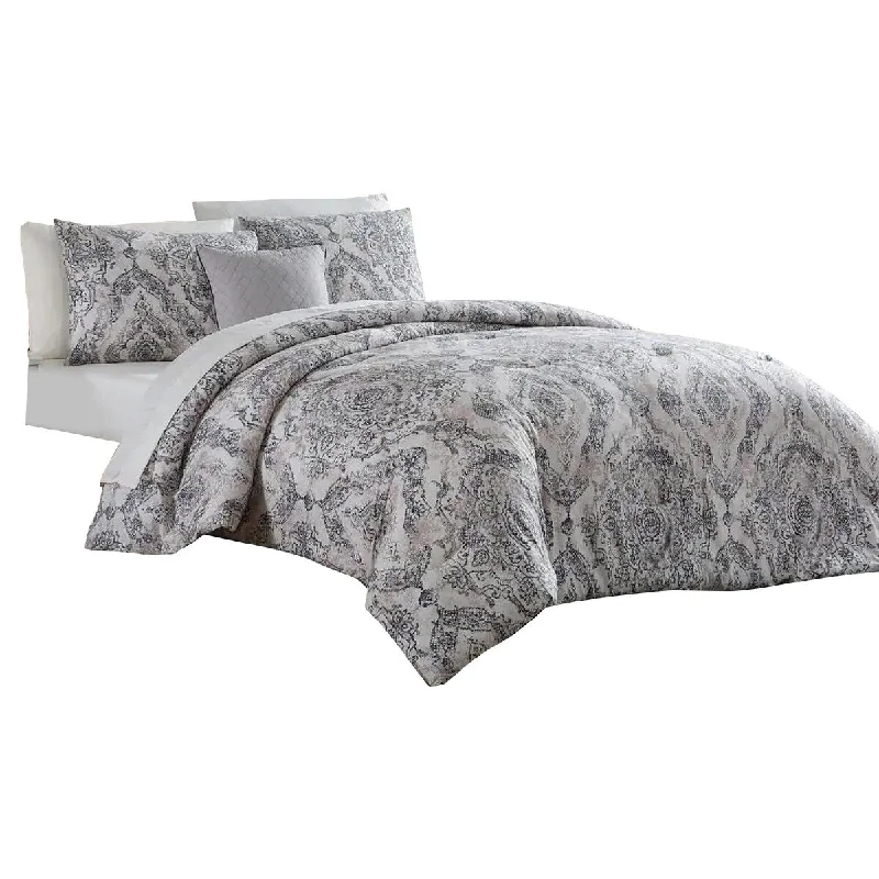 Lance 8 Piece King Bed Set, Damask Print, The Urban Port, White, Gray