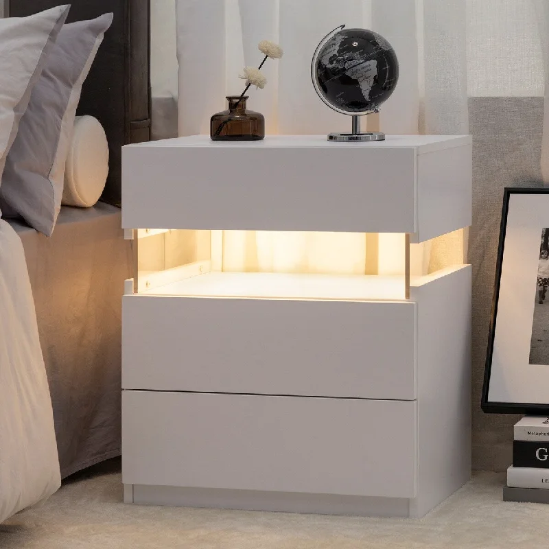 LED Bedside Furniture Set with 3-Drawer Dresser, End Table, and Acrylic Board Nightstand (White)