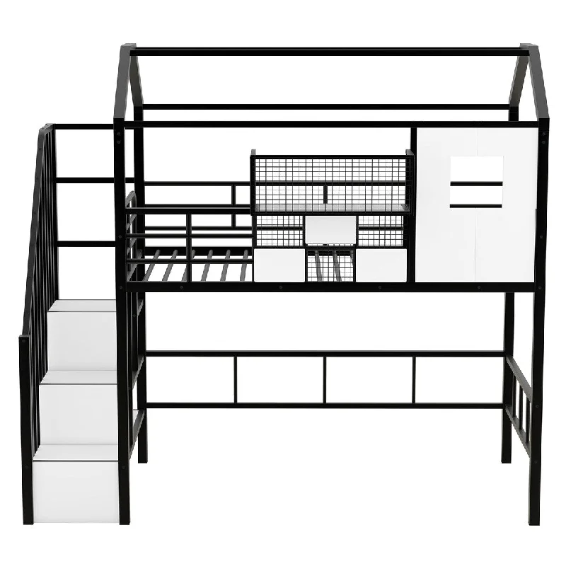 Loft Bed with Bedside Box, Stairs, Shelves, Roof, Window, Twin