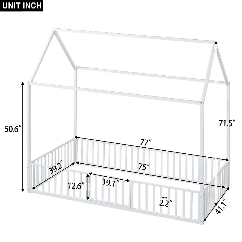 Metal House Bed with Fence and Door, White