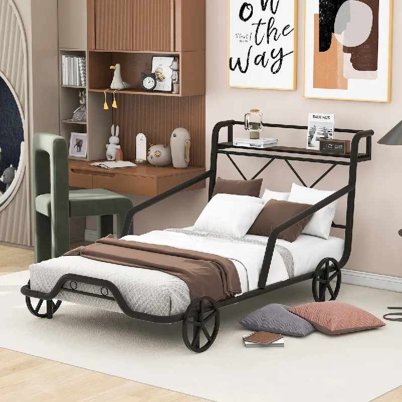 Metal Single Bed with Storage Cart