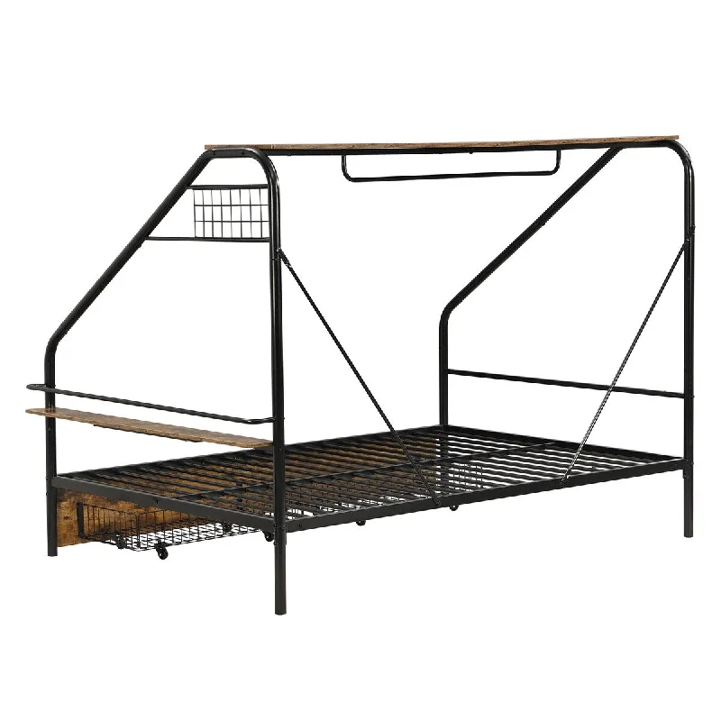 Metal Storage Platform Bed with Clothes Rack