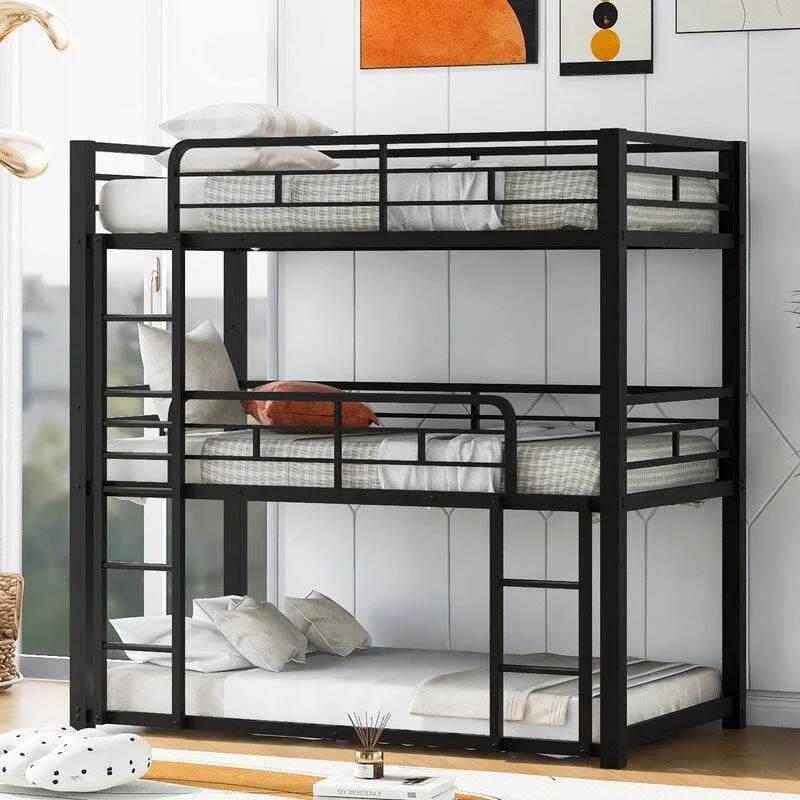 Metal Triple Bunk Bed with 2 Front Ladders, 3 Bunk Bed for Kids Adults Bedroom