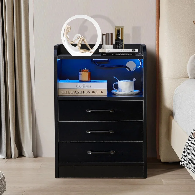 Modern LED Bedside Nightstand with 3 Drawers and Charging Station for Bedroom, Living Room, and Office (Black)