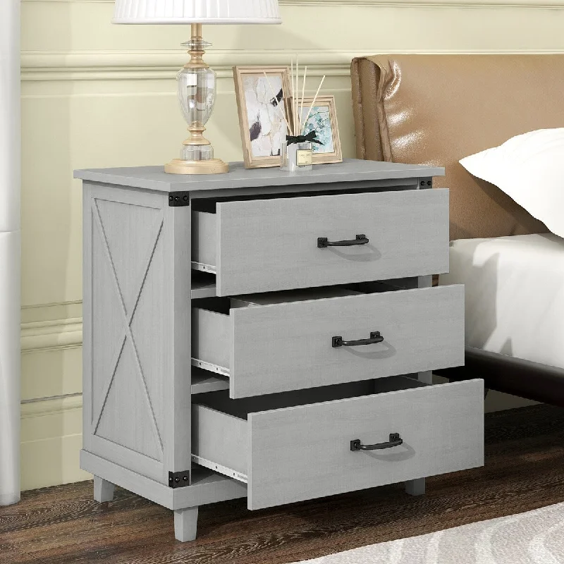 Modern Pine Wood 3-drawer Storage Nightstand with Pull Handle and Side X-Pattern Decor for Bedroom, 27.4''L*15.7''W*27.9''H