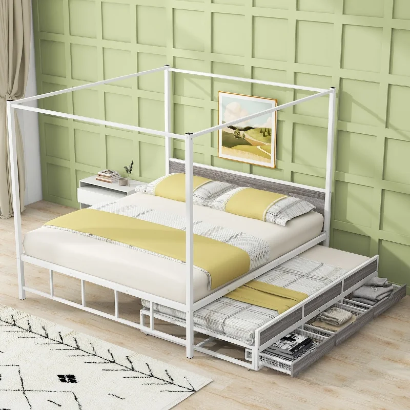 Modern Queen Size Metal Canopy Bed with Twin Trundle and Storage Drawers - Canopy Platform Bed for Stylish Bedroom Decor