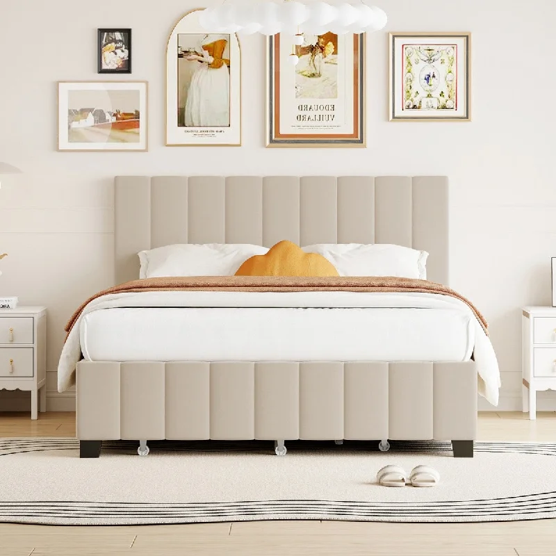 Modern Queen Size Velvet Upholstered Platform Bed with 2 Drawers and 1 Twin XL Trundle, Beige