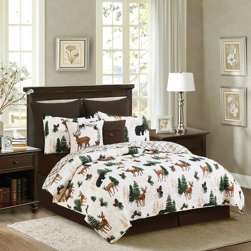 Noland Pines 2 Piece Twin Quilt Set Brown Forest Animals Print Lodge Cabin Outdoors Rustic Reversible Bedspread Coverlet