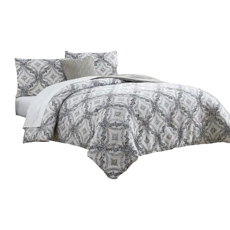 Owen 8 Piece King Bed Set, Quatrefoil Print, The Urban Port, White, Gray