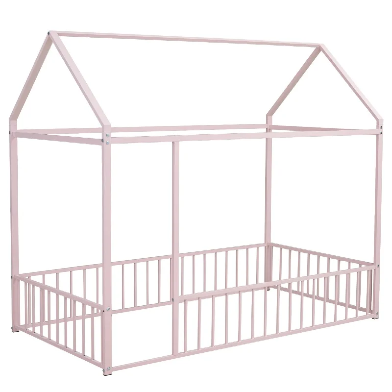 Pink Frame Metal Bed, Twin Size House Bed, Toddler Floor Bed Semi-enclosed Grounded Bed with Roof, Fence, without Door