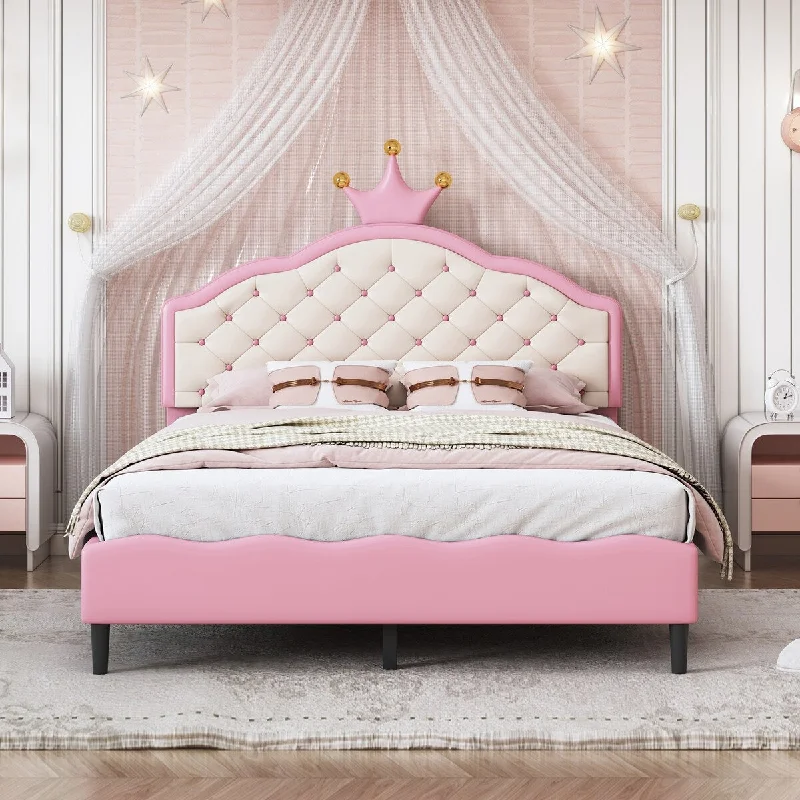 Pink Princess Bed Full Size PU Leather Upholstered Platform Bed