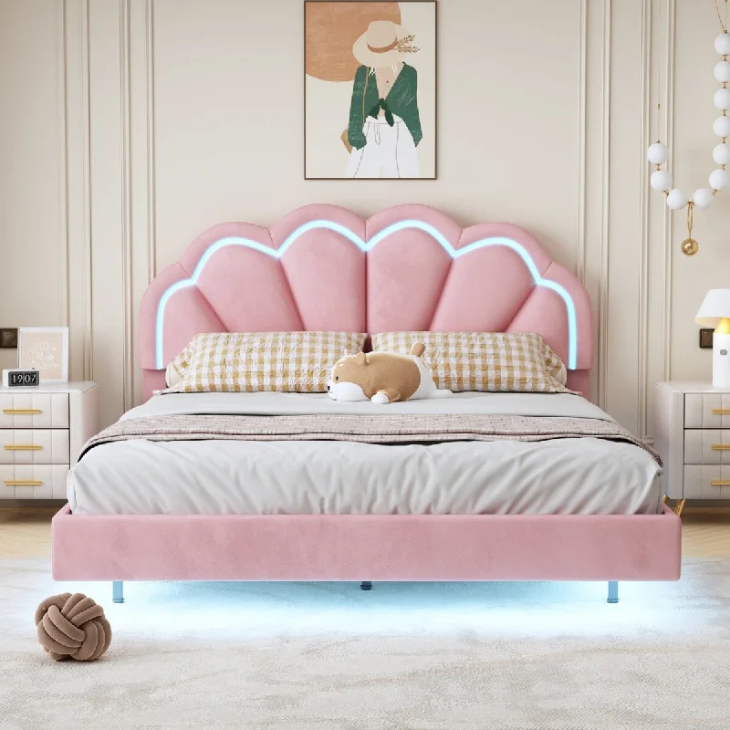 Queen Size Platform Bed with Smart LED and Elegant Flowers Headboard