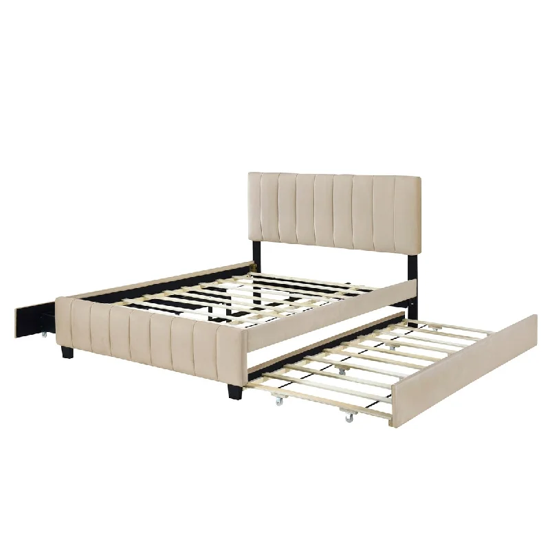 Queen Size Velvet Upholstered Platform Bed with Drawers and Twin XL Trundle - Beige Finish