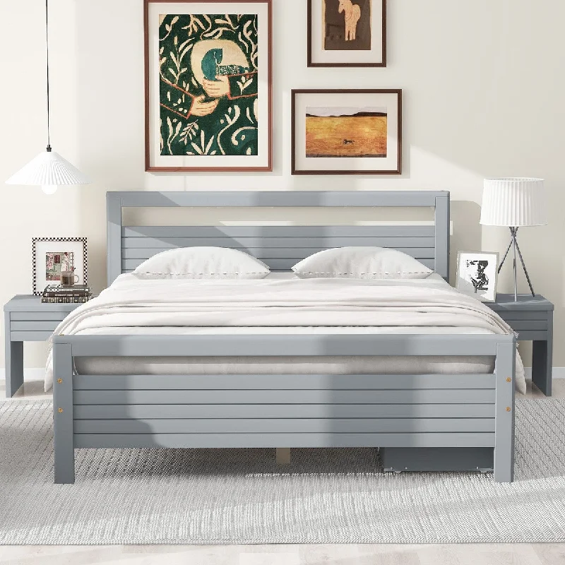 Queen Size Wooden Platform Bed with 2 Storage Drawers and 2 Tables