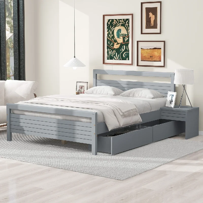 Queen Size Wooden Platform Bed with 2 Storage Drawers and Bedside Tables - Gray Finish