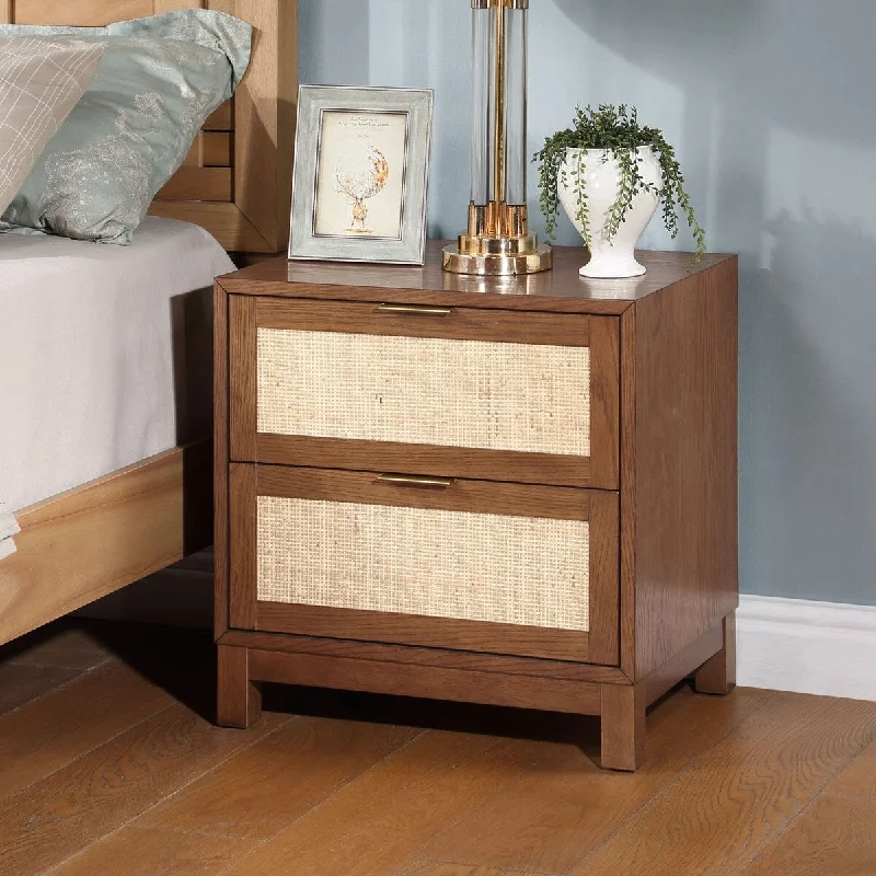 Rattan Nightstand, Wood End Table, Side Table with 2 Hand Made Rattan Decorated Drawers,Boho Bedside Table