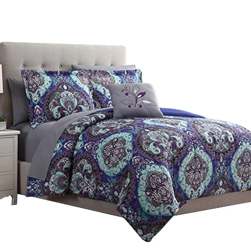 Split 6 Piece Reversible Printed Twin Size Complete Bed Set The Urban Port, Blue