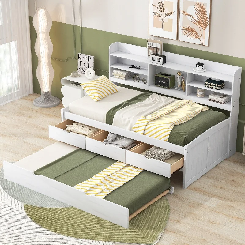 Twin Captain Bed with Bookshelves, Three Drawers, and Trundle