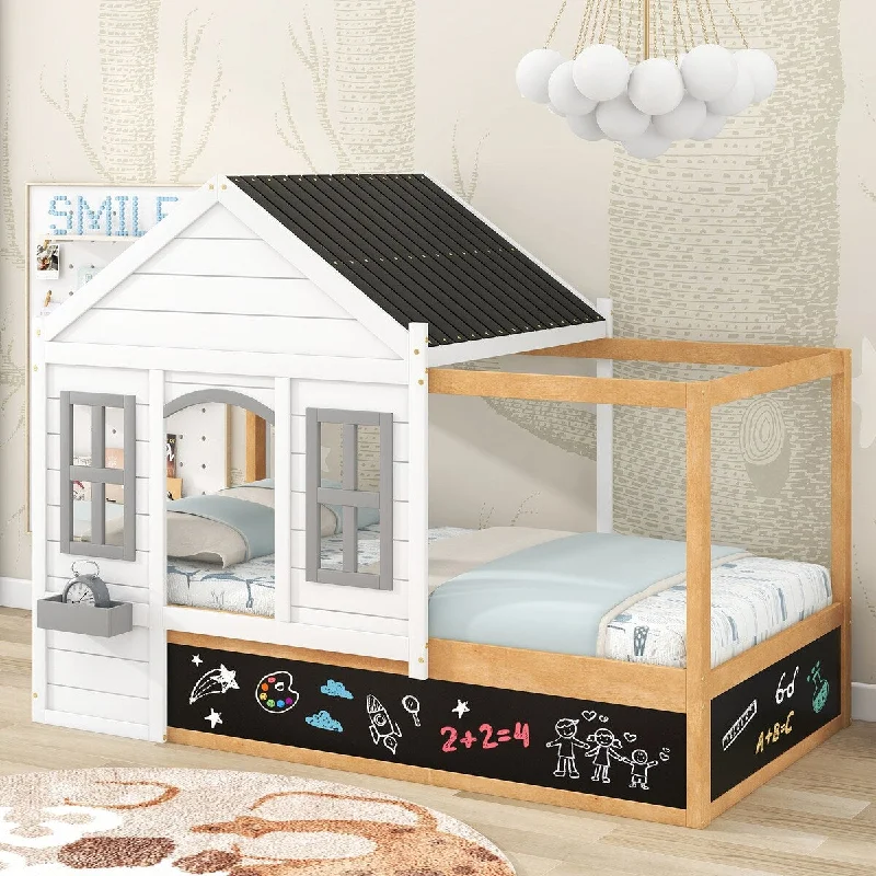 Twin House Bed with Black Roof and White Window, Adds Playful Charm to Kids' Bedroom