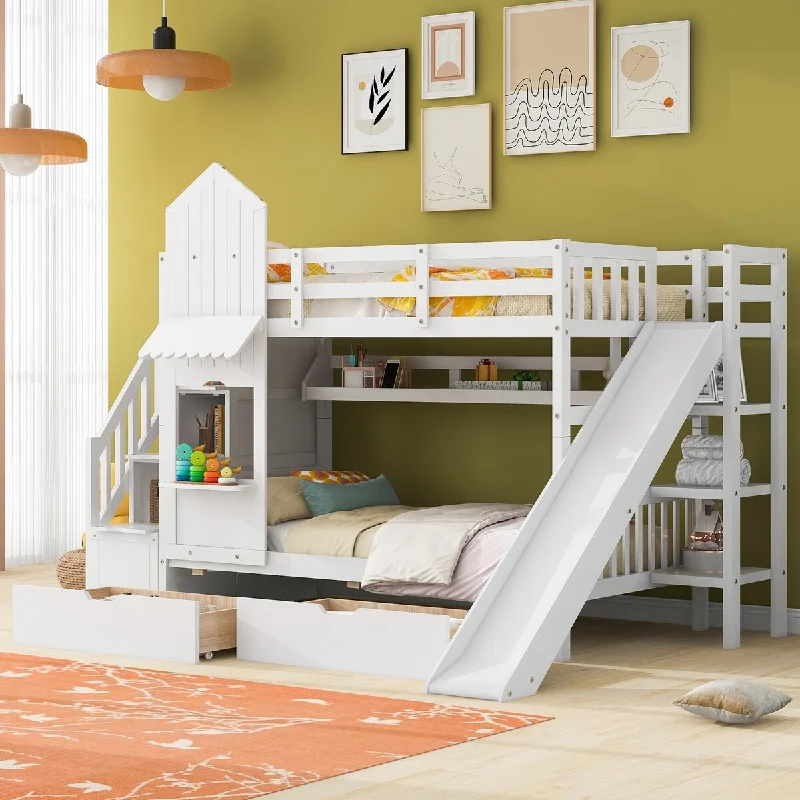 Twin-over-Twin Castle Style Bunk Bed with 2 Drawers, 3 Shelves and Slide & Storage Staircase