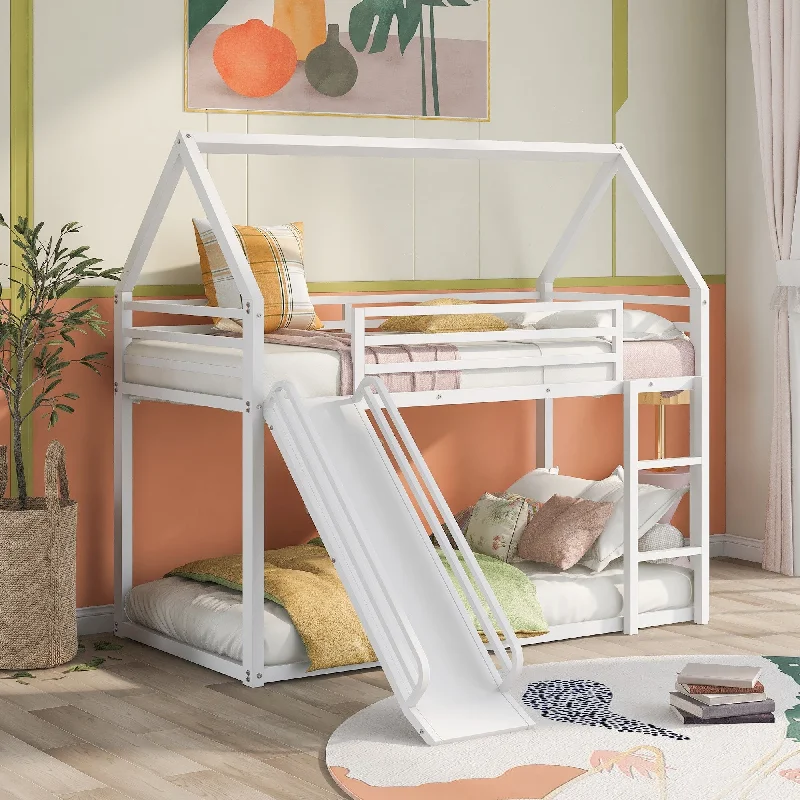 Twin over Twin House Bunk Bed with Ladder and Slide, White