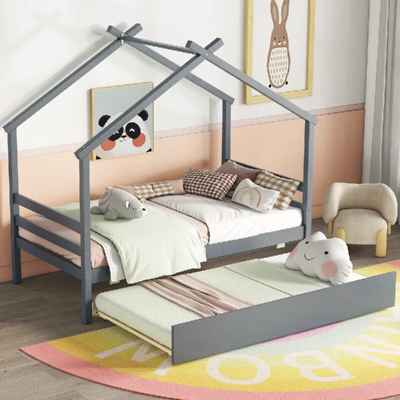 Twin Size House Bed Traditional Platform House Bed Grey Twin Bed Frame with Underneath Pull Out Trundle, No Box Spring Needed