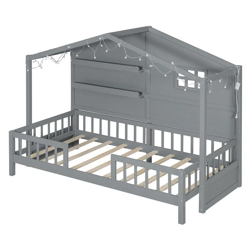 Twin Size House Bed with Shelves, House Bed with Window and Sparkling Light Strip on the Roof