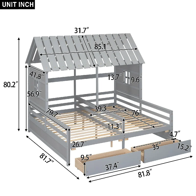 Twin Size House Platform Beds with Two Drawers for Boy and Girl Shared Beds, Combination of 2 Side by Side Twin Size Beds